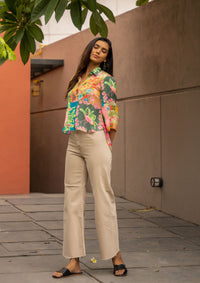 Thumbnail for Lea Botanical Patch Print Satin Crop Shirt