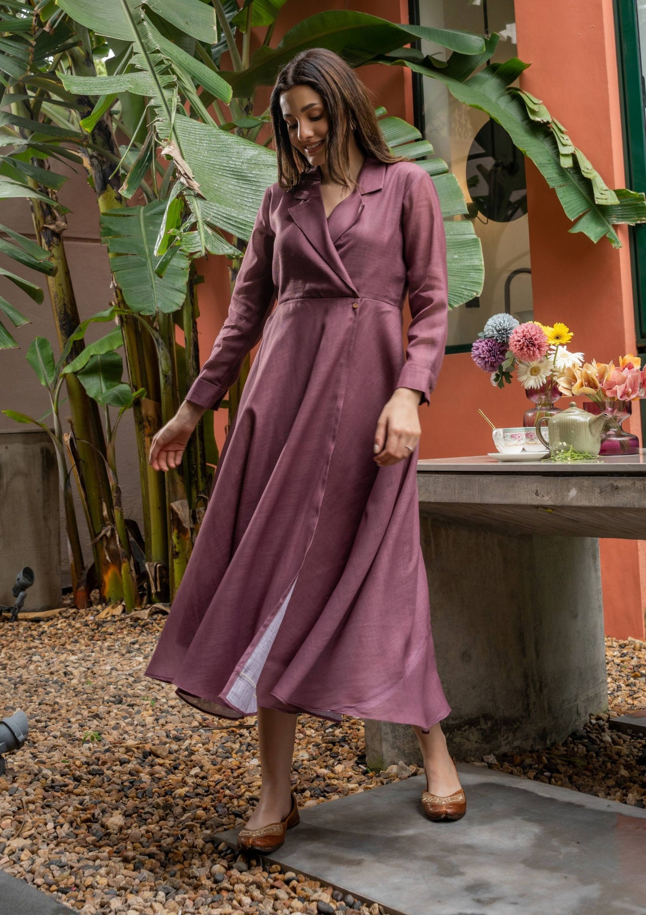 Scarlet Dusty Rose Color Linen Dress with Wooden Buttons