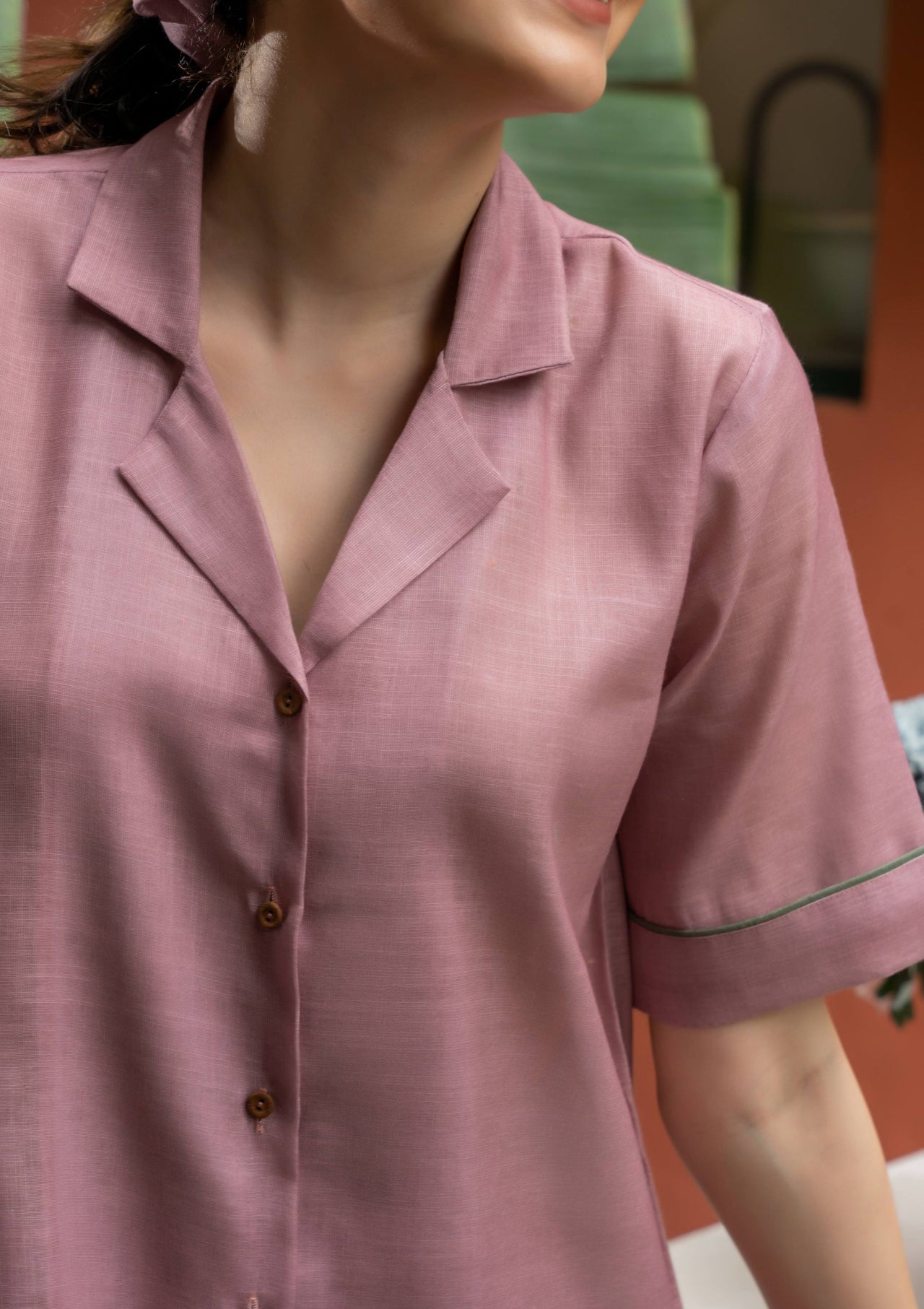 Old Rose Nude Pink Linen Shirt Dress with Wooden Buttons