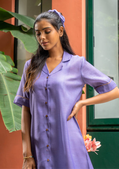 Amethyst Violet Linen Shirt Dress with Wooden Buttons
