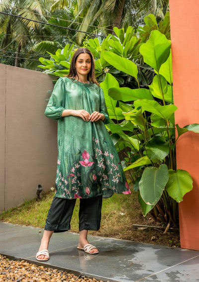 Jade Floral Green Satin Indian Co-ord Set