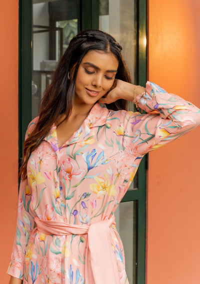 Molly Floral Peach Satin Co-ord Set With Stole