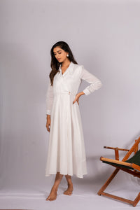 Thumbnail for Zen White Linen Dress with Wooden Buttons