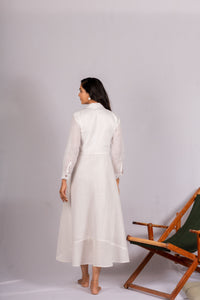 Thumbnail for Zen White Linen Dress with Wooden Buttons