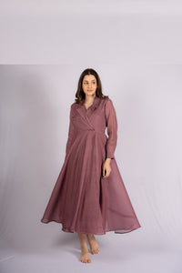 Thumbnail for Scarlet Dusty Rose Color Linen Dress with Wooden Buttons