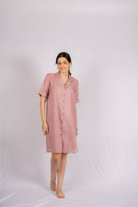 Thumbnail for Old Rose Nude Pink Linen Shirt Dress with Wooden Buttons