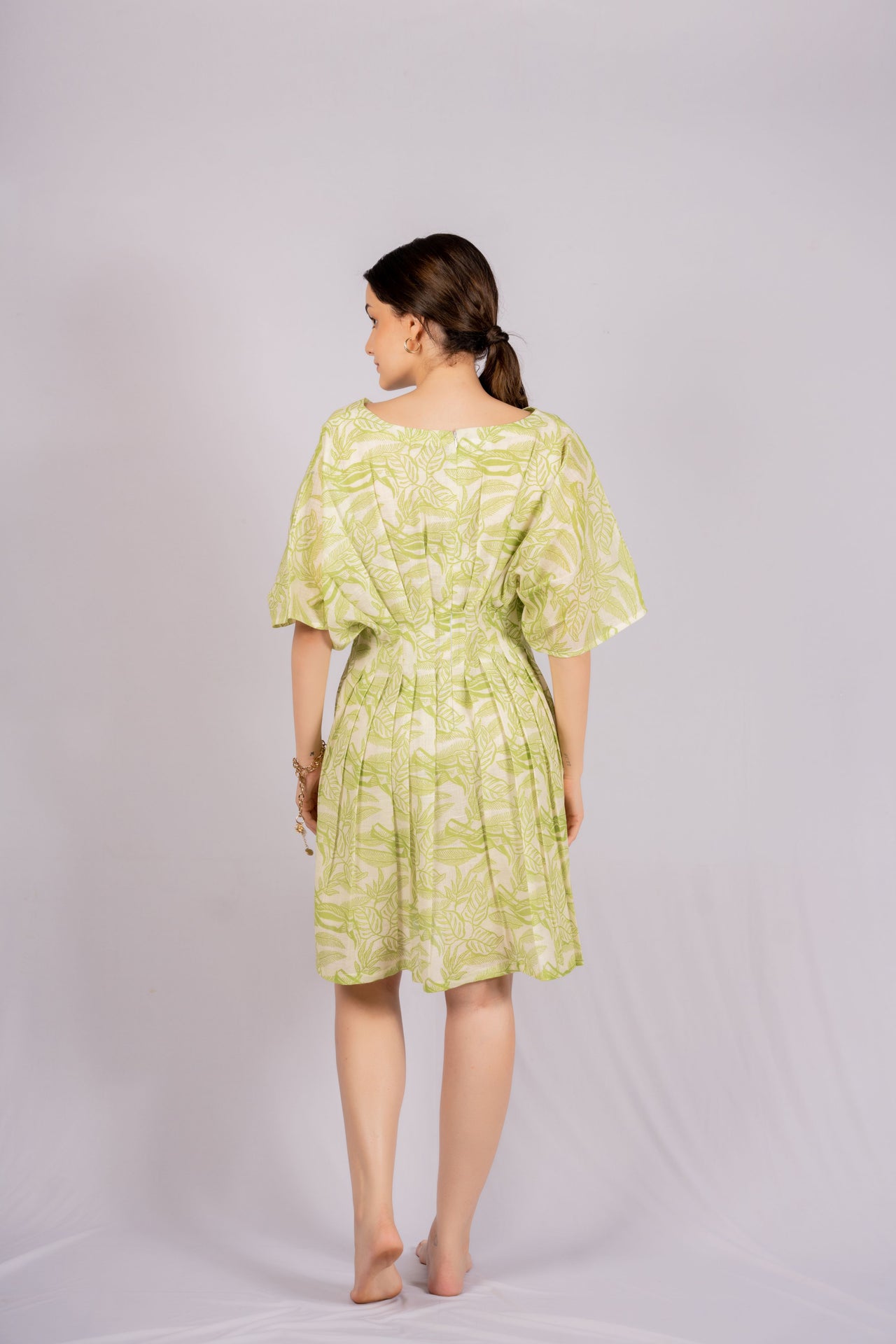 Mir Lime Green Linen Pleated Dress