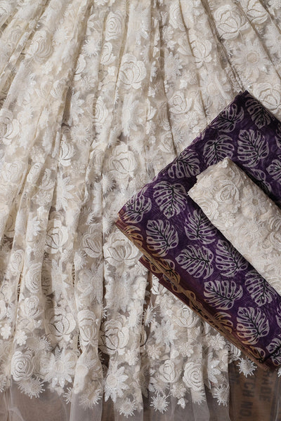 White And Purple Unstitched Lehenga Set Fabric (3 Piece)