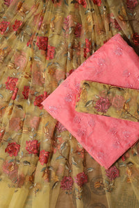 Thumbnail for Yellow And Pink Unstitched Lehenga Set Fabric (3 Piece)
