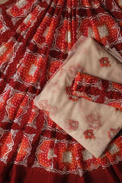 Maroon And Beige Unstitched Lehenga Set Fabric (3 Piece)
