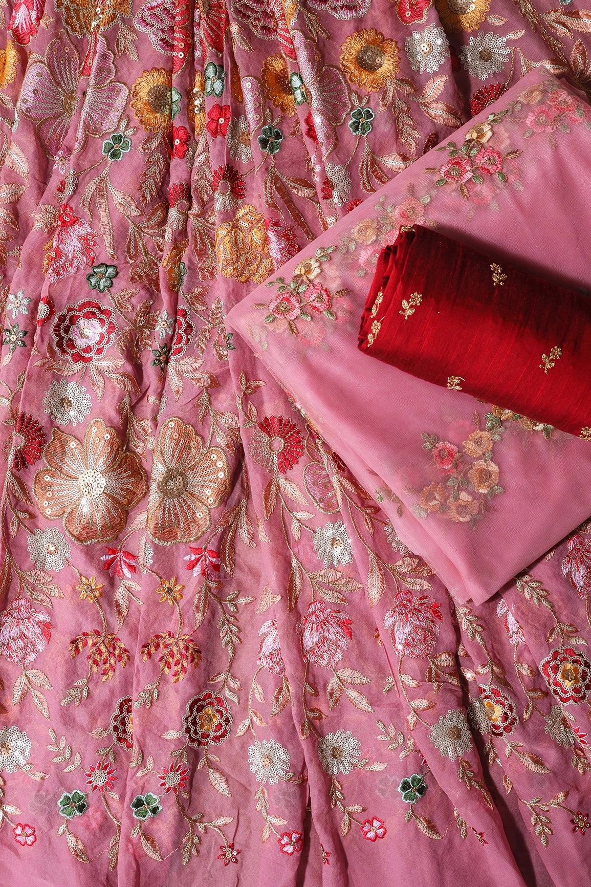Pink And Maroon Unstitched Lehenga Set Fabric (3 Piece)