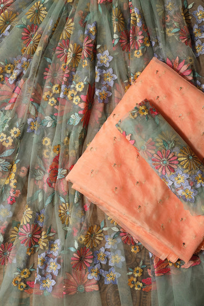 Olive And Peach Unstitched Lehenga Set Fabric (3 Piece)