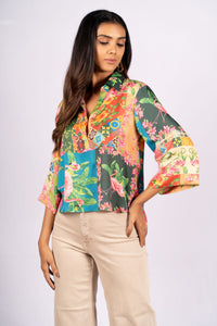 Thumbnail for Lea Botanical Patch Print Satin Crop Shirt